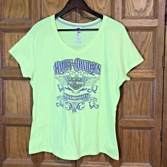 Harley-Davidson T-Shirt Neon Yellow Adult XL Tee Front & Back Graphics Hanes Top - Picture 3 of 10